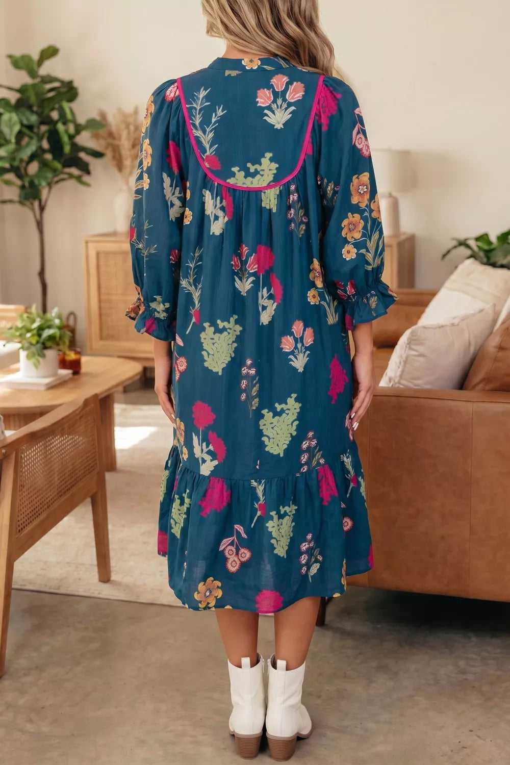 Floral Print Gathered Neckline 7/8 Sleeve Casual Midi Dress Secondary image