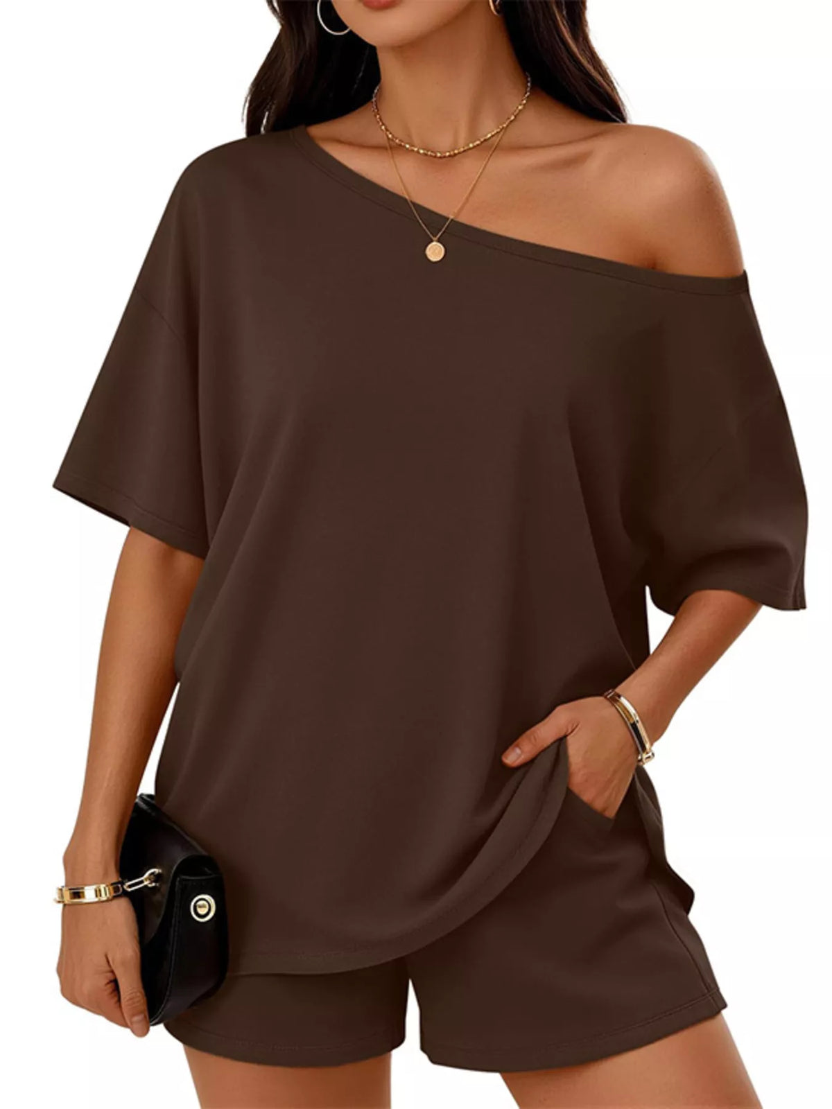One-Shoulder Short Sleeve Top and Shorts Set - photo 11