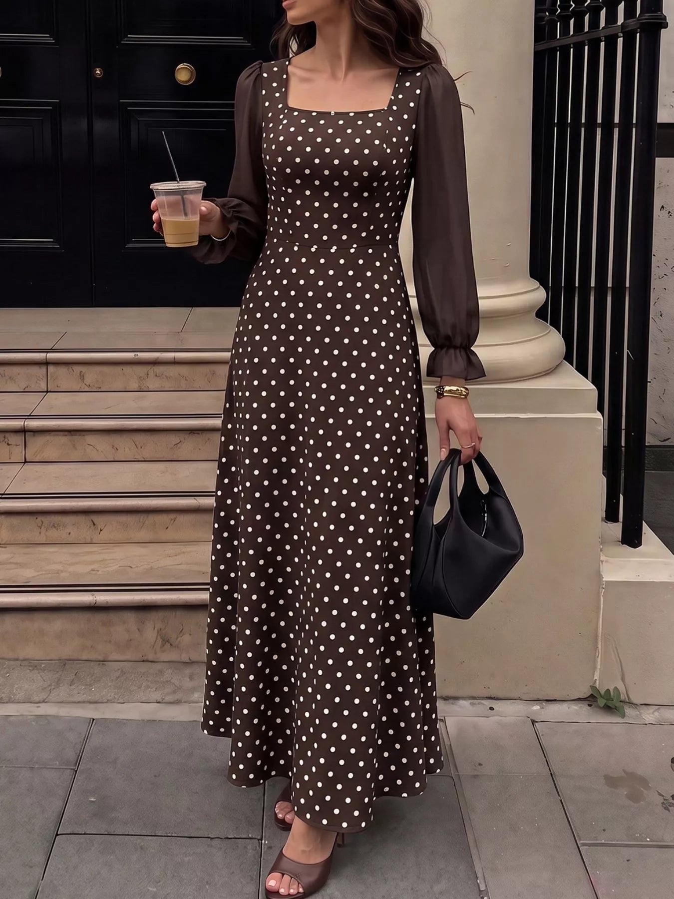 Polka Dot Square Neck Long Sleeve Maxi Dress Secondary image