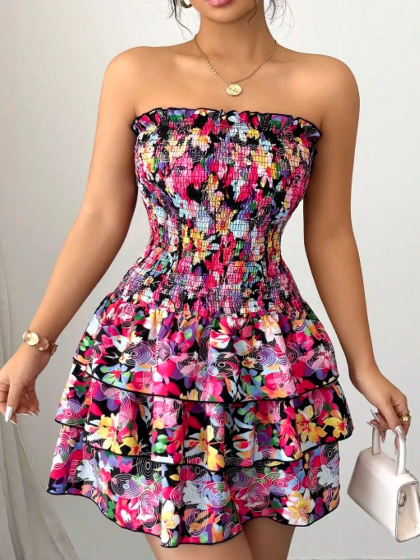 Strapless Smocked Floral Tiered Mini Dress Secondary image