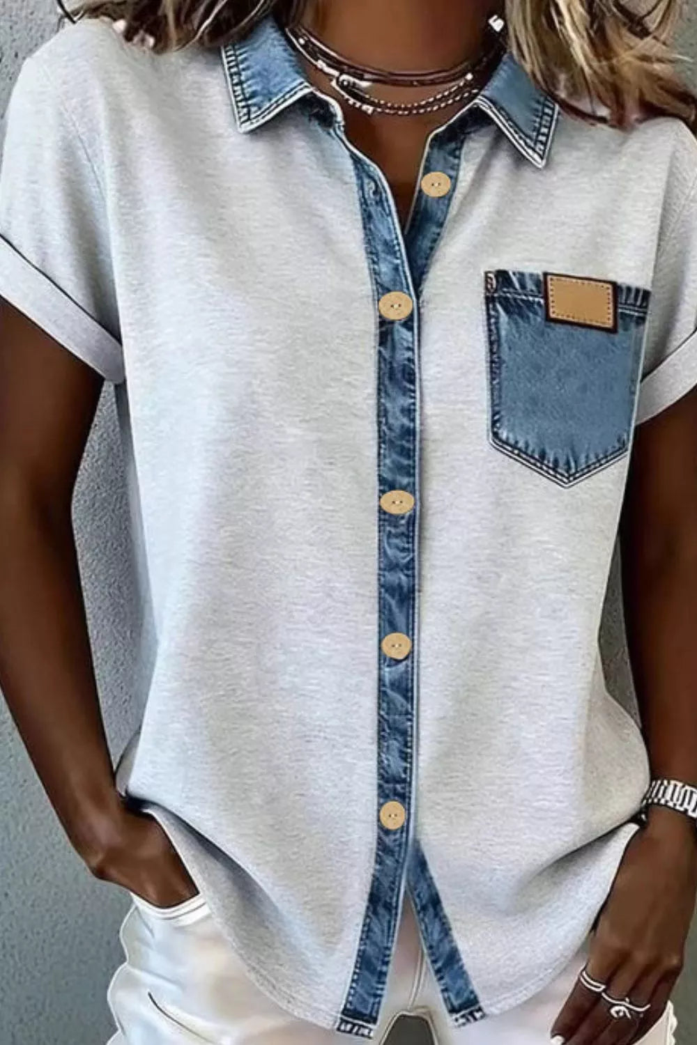 Denim Trim Button-Down Shirt Secondary image