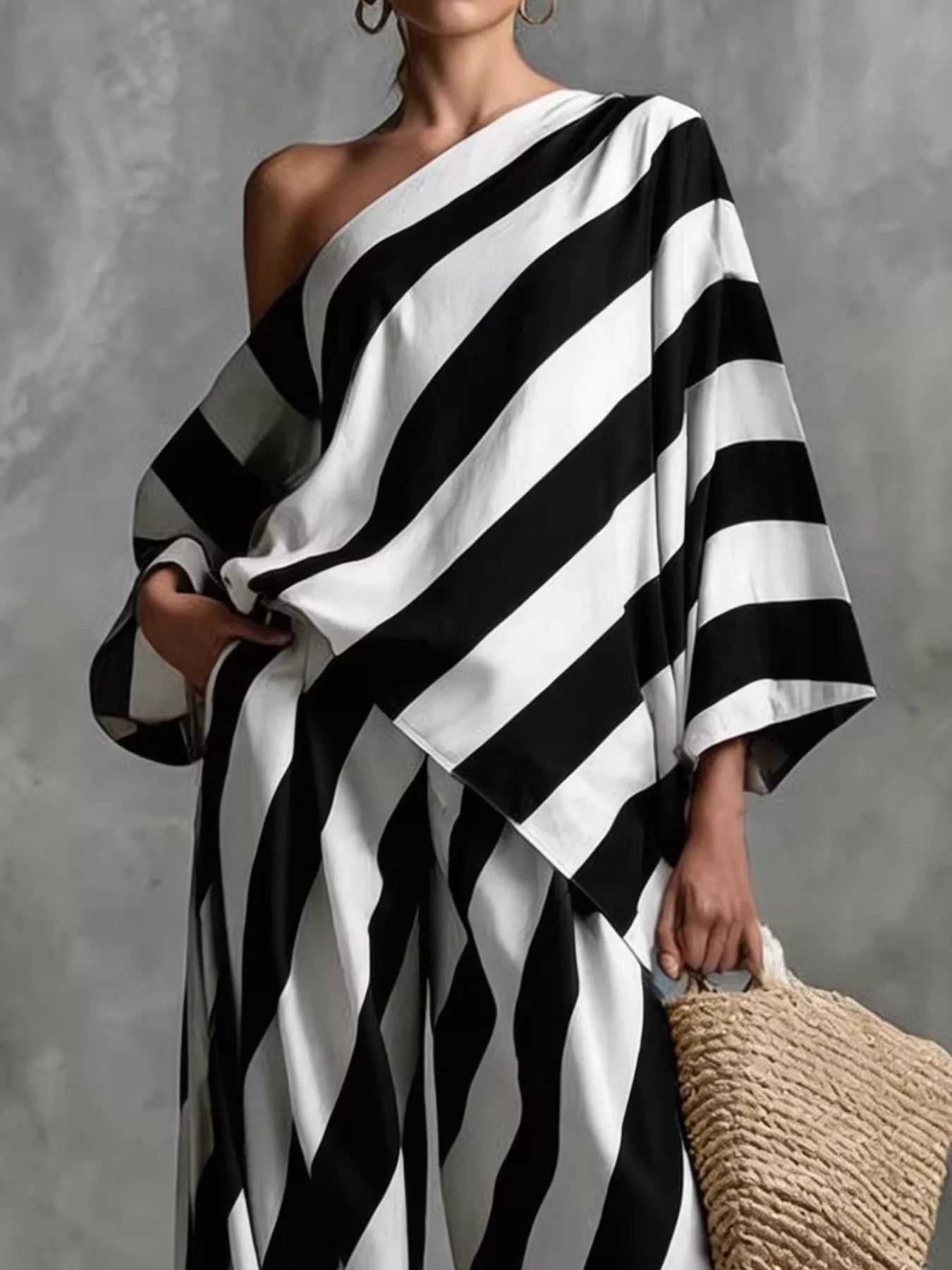 Full Size One-Shoulder Striped Top and Wide-Leg Pants Set Plus Size Secondary image