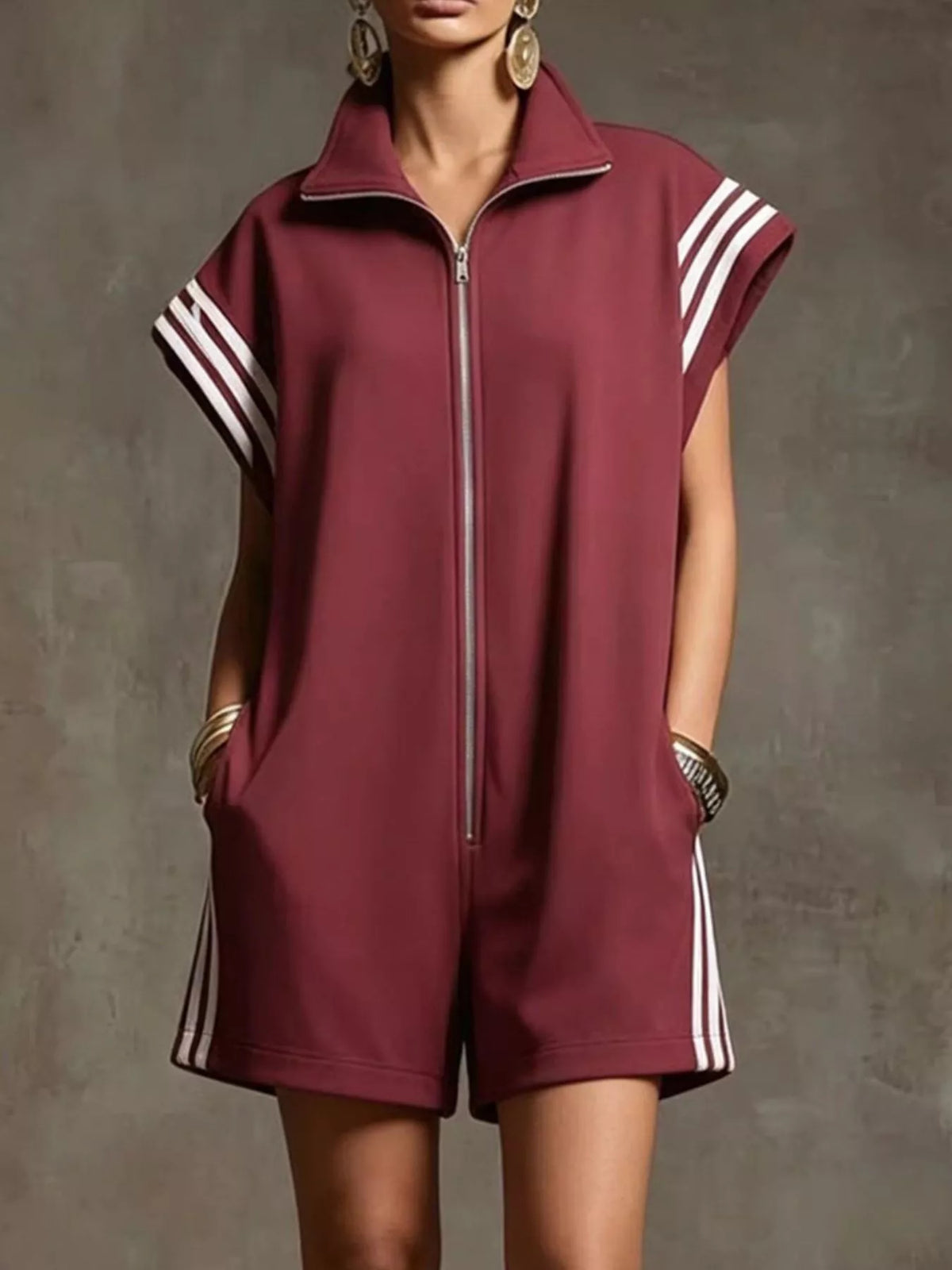 Striped Zip Front Short Sleeve Romper - photo 4