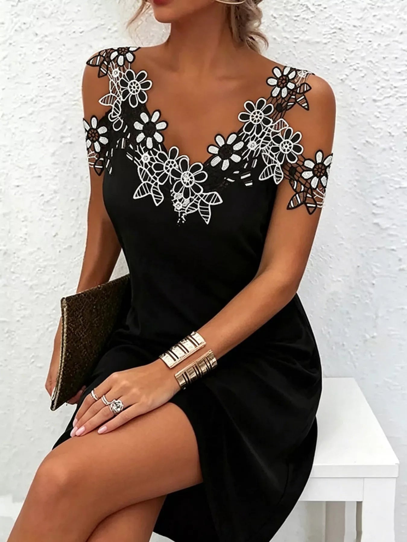 Lace Floral Trim Cold Shoulder Mini Dress Secondary image