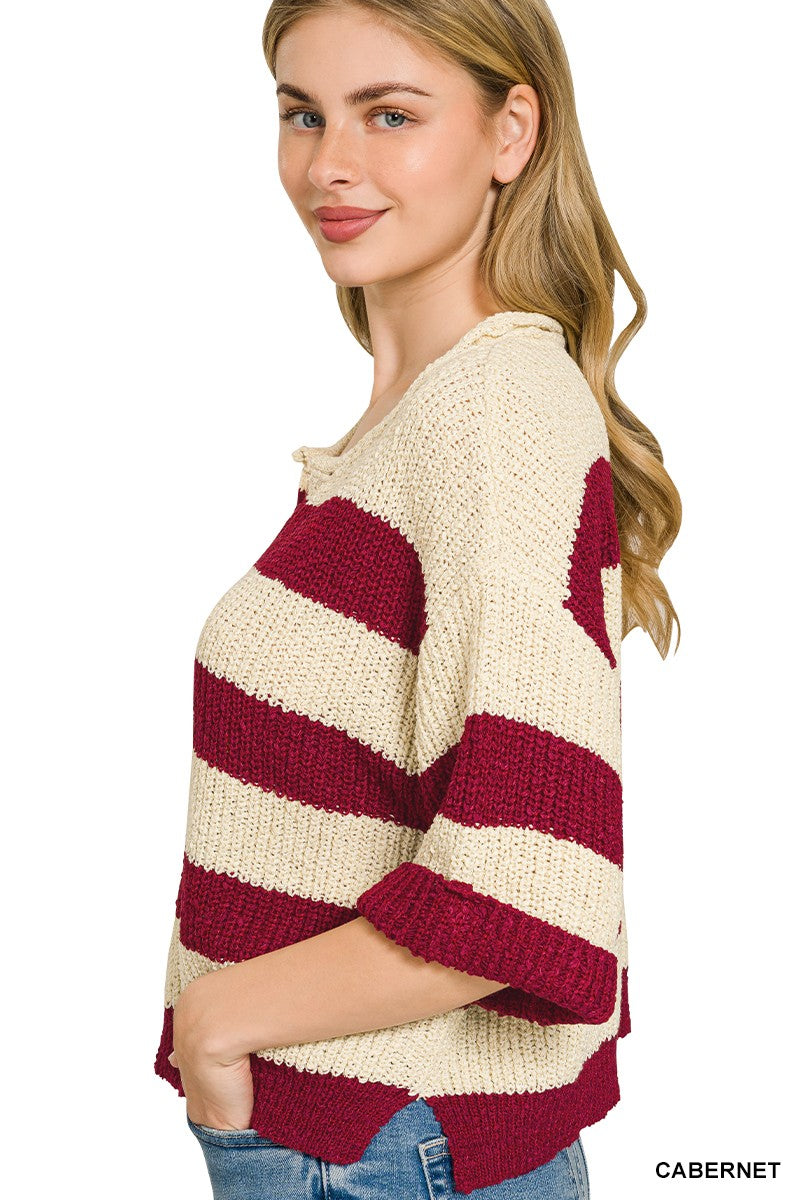Zenana Split Neck Stripe Sweater Secondary image