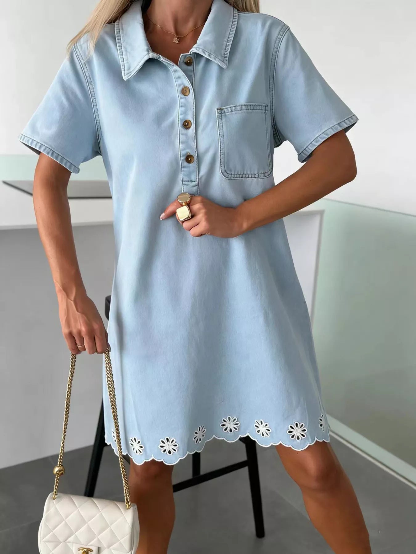 Scalloped Floral Hem Denim Dress Secondary image