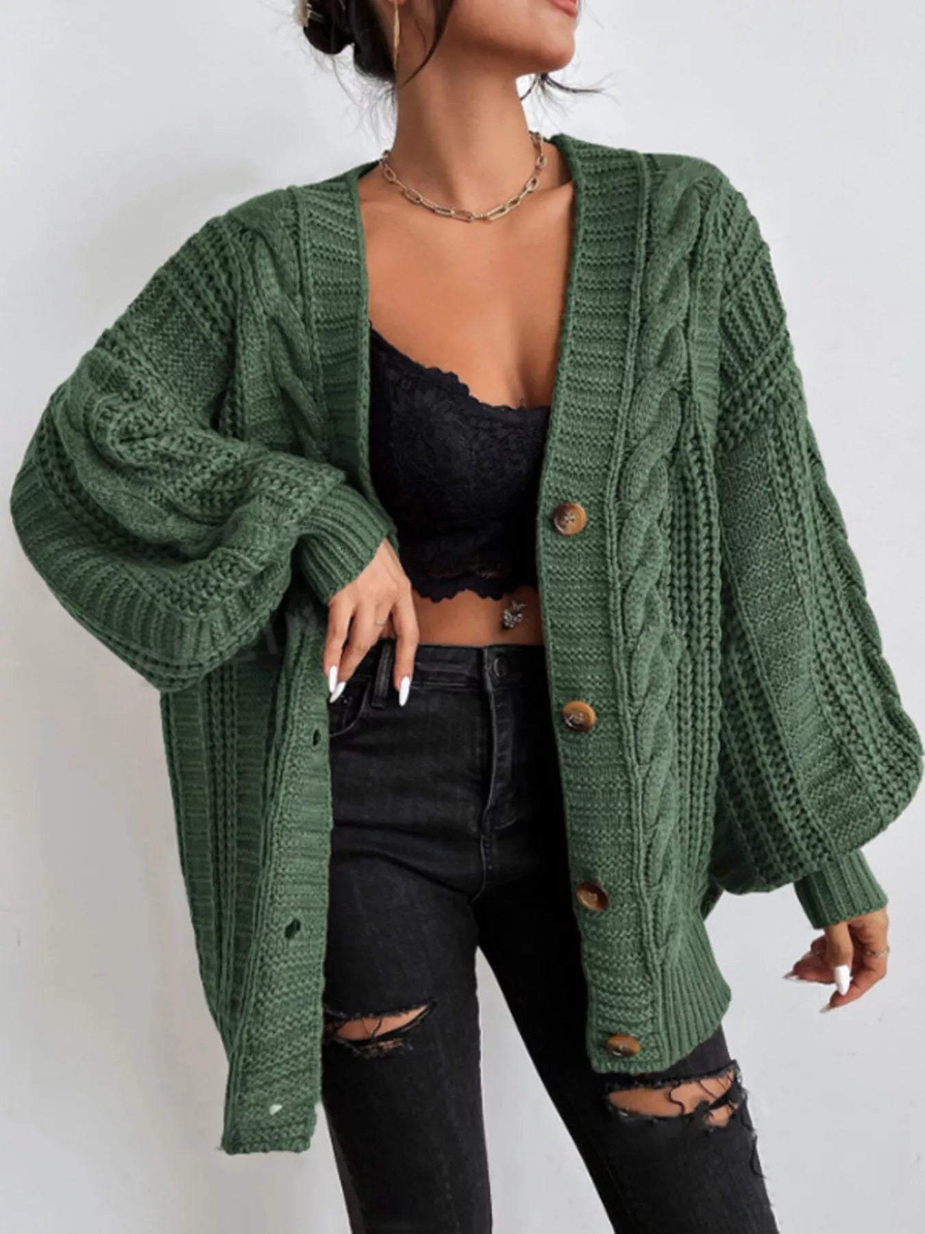 Cable Knit V-Neck Button-Down Cardigan Secondary image