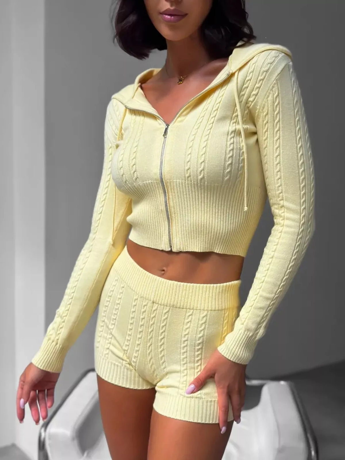 Cable Knit Zip-Up Hooded Top and Shorts Lounge Set - photo 8