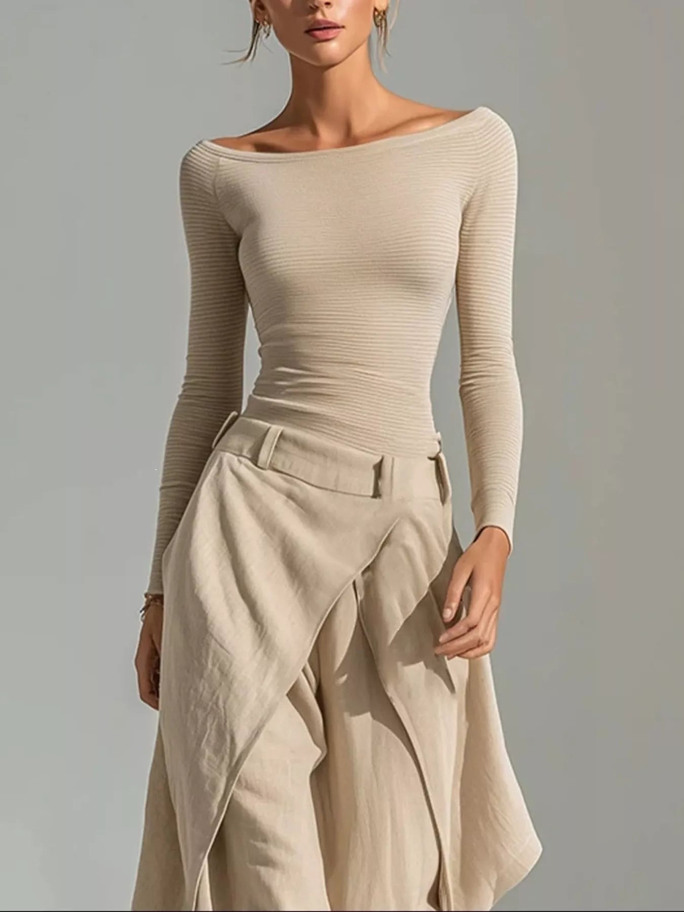 Boat Neck Long Sleeve Top and Wrap-Front Wide Leg Pant Set Secondary image