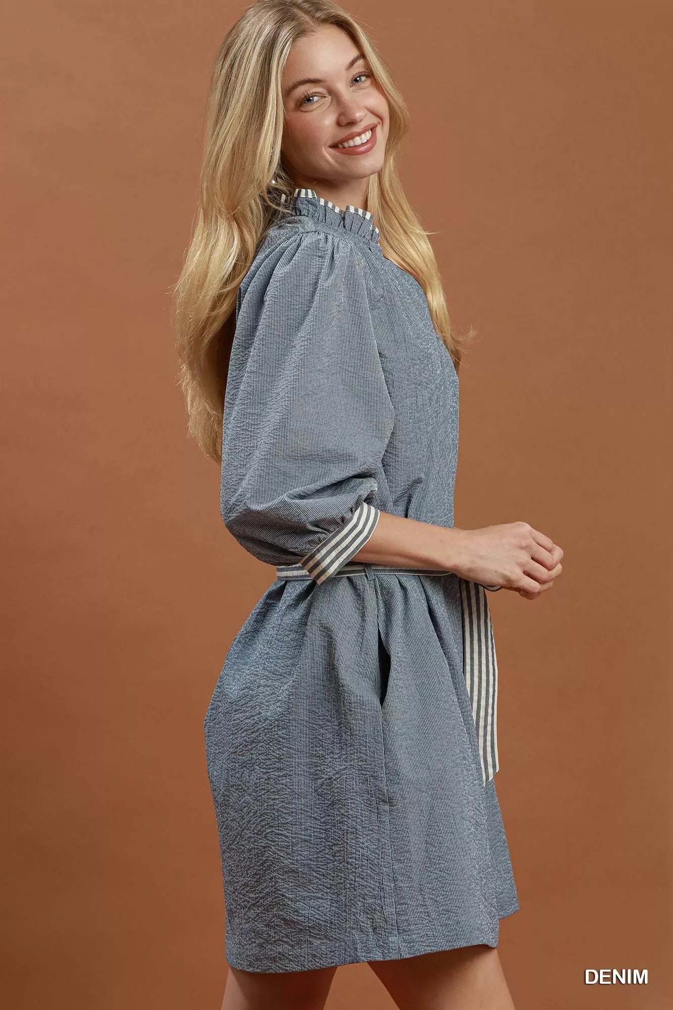 Umgee Textured Contrast Trim Tie Waist Mini Dress Secondary image