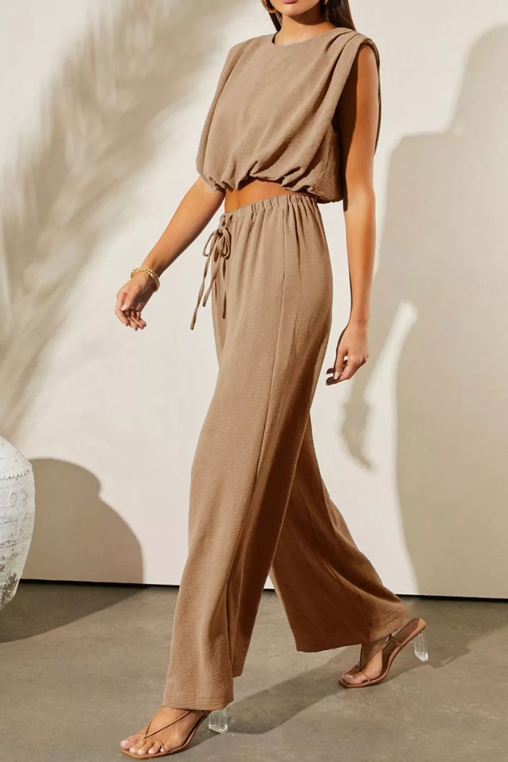 Solid Color Keyhole Puffy Tank Drawstring Loose Pants 2pcs Outfit Secondary image