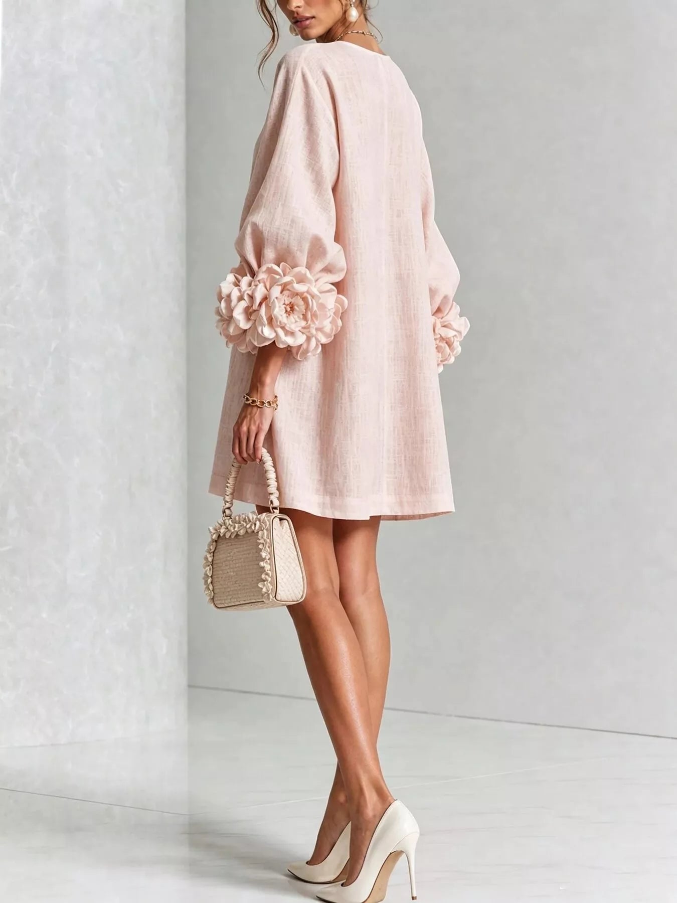 3D Floral 3/4 Sleeve Mini Dress Secondary image