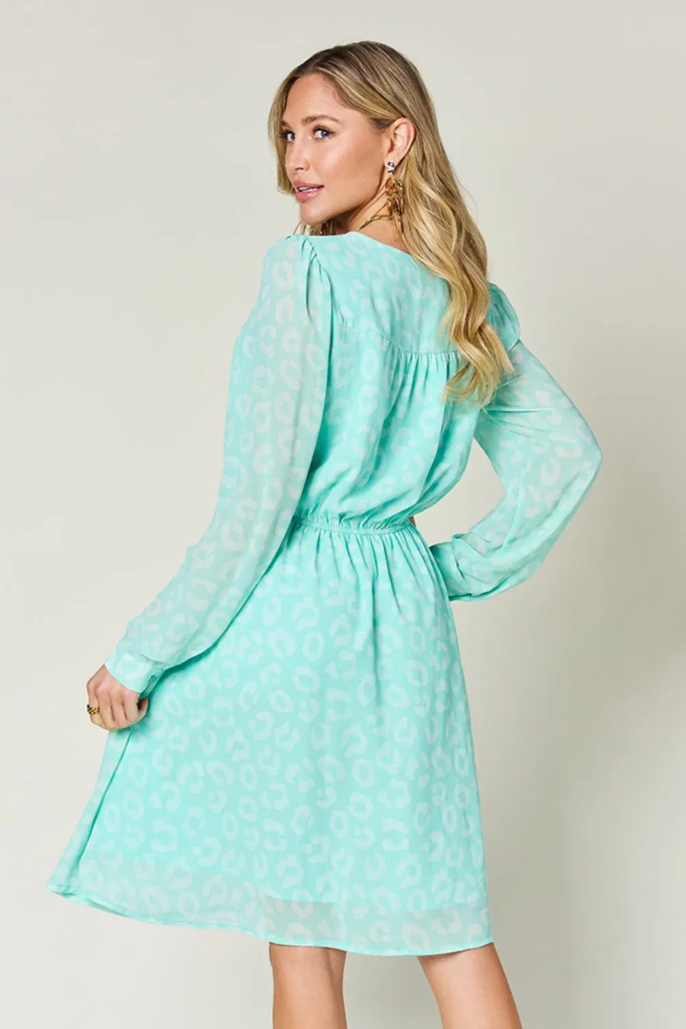 Double Take Full Size Printed Ruched V-Neck Long Sleeve Dress Secondary image