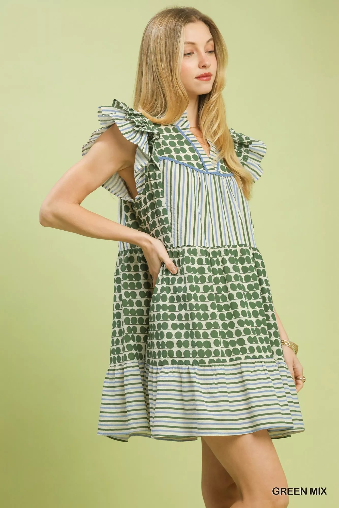 Umgee Mix Patchwork Flutter Sleeve Tiered Dress Secondary image