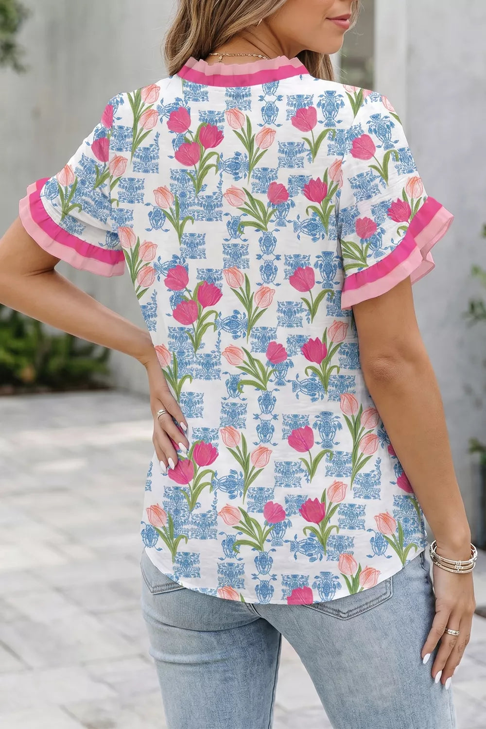 Floral Print Ruffle V-Neck Short Sleeve Loose Tunic Shirt Secondary image