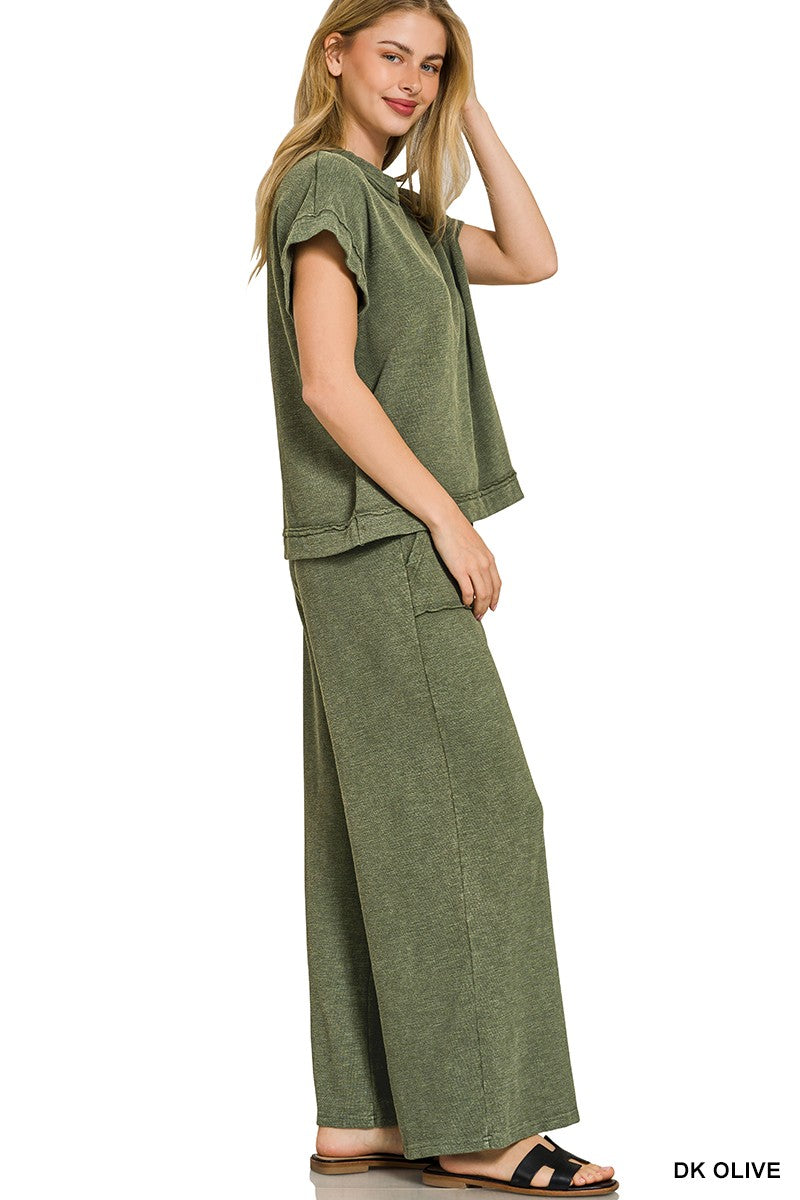 Zenana Washed Slub Short Sleeve Tee & Long Pants Set Secondary image