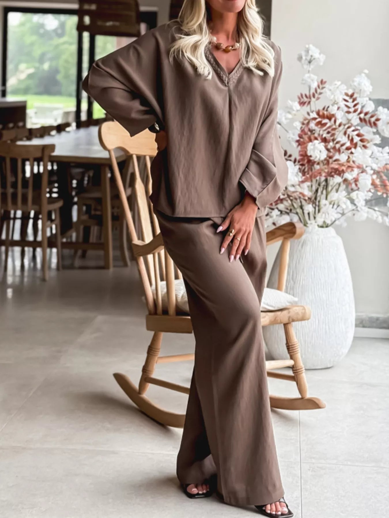 Braided V Neck Long Sleeve Loose Top and Drawstring High Waist Pants 2pcs Outfit Secondary image
