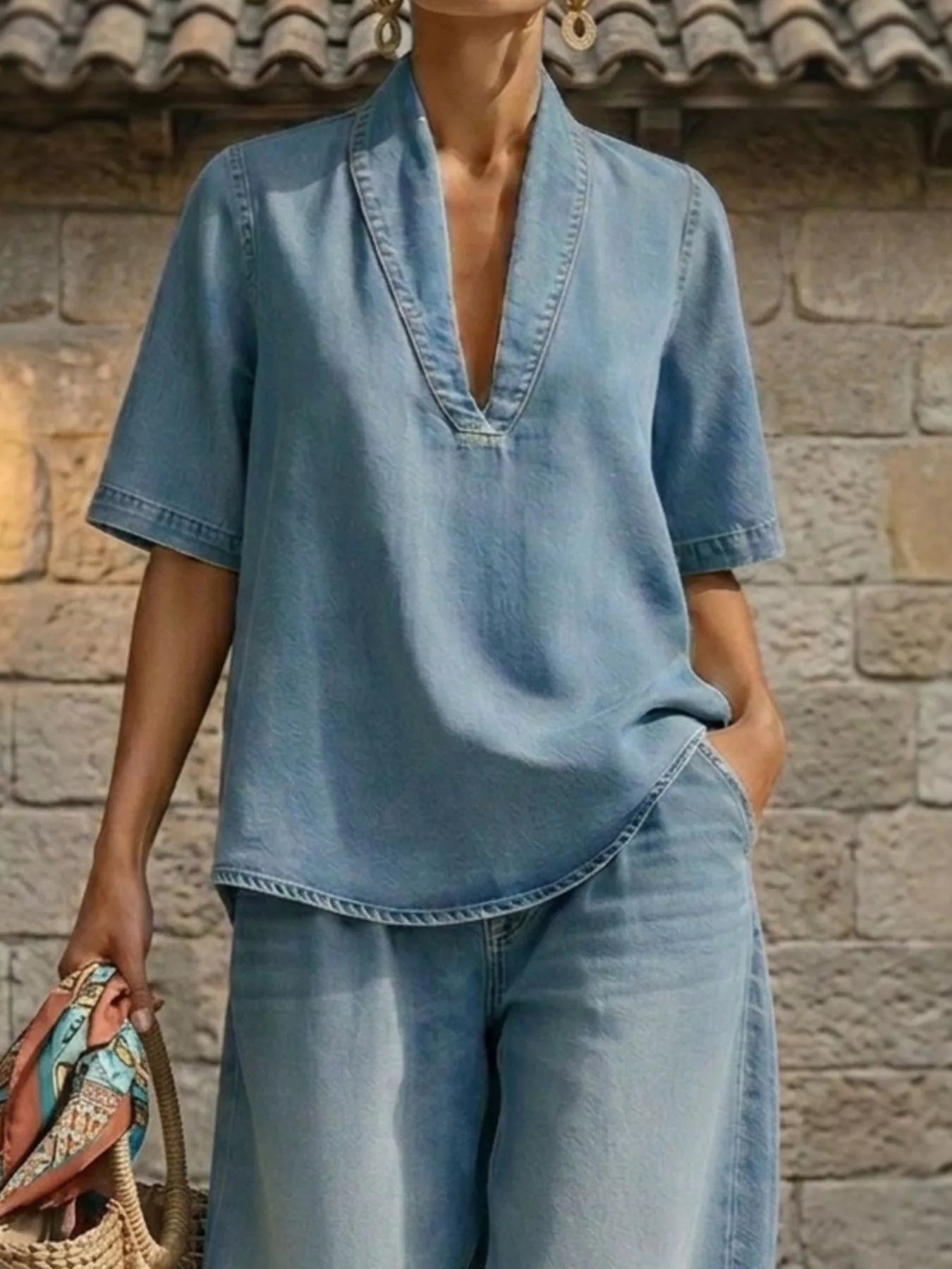 Full Size Half Sleeve Top and Wide Leg Pants Set Plus Size Secondary image