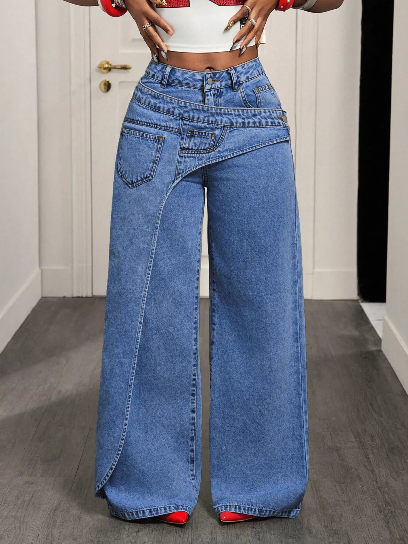 Asymmetrical High-Waisted Wide-Leg Jeans with Wrap Detail Secondary image
