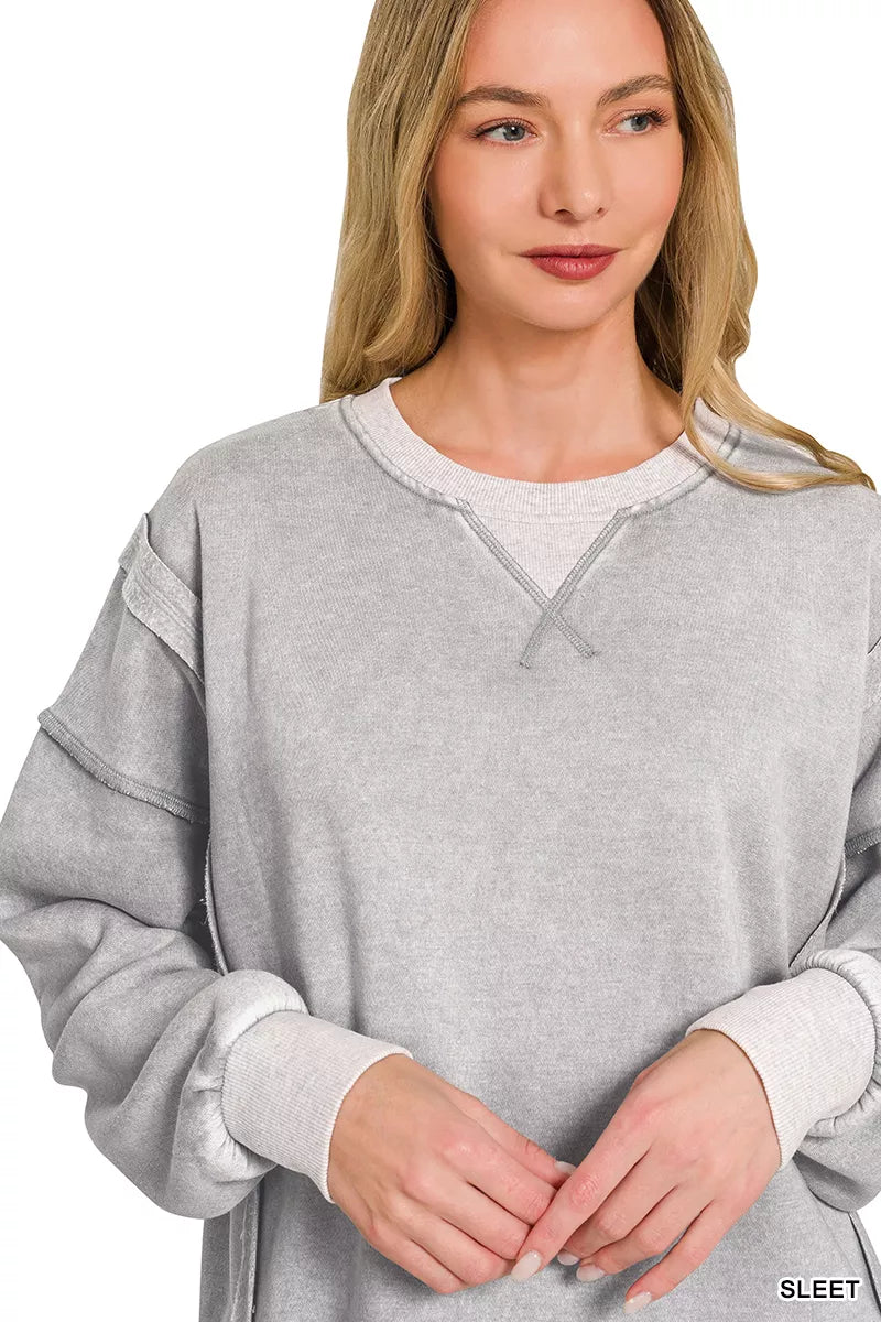Zenana Fleece Acid Washed Contrast Trim Pullover Secondary image