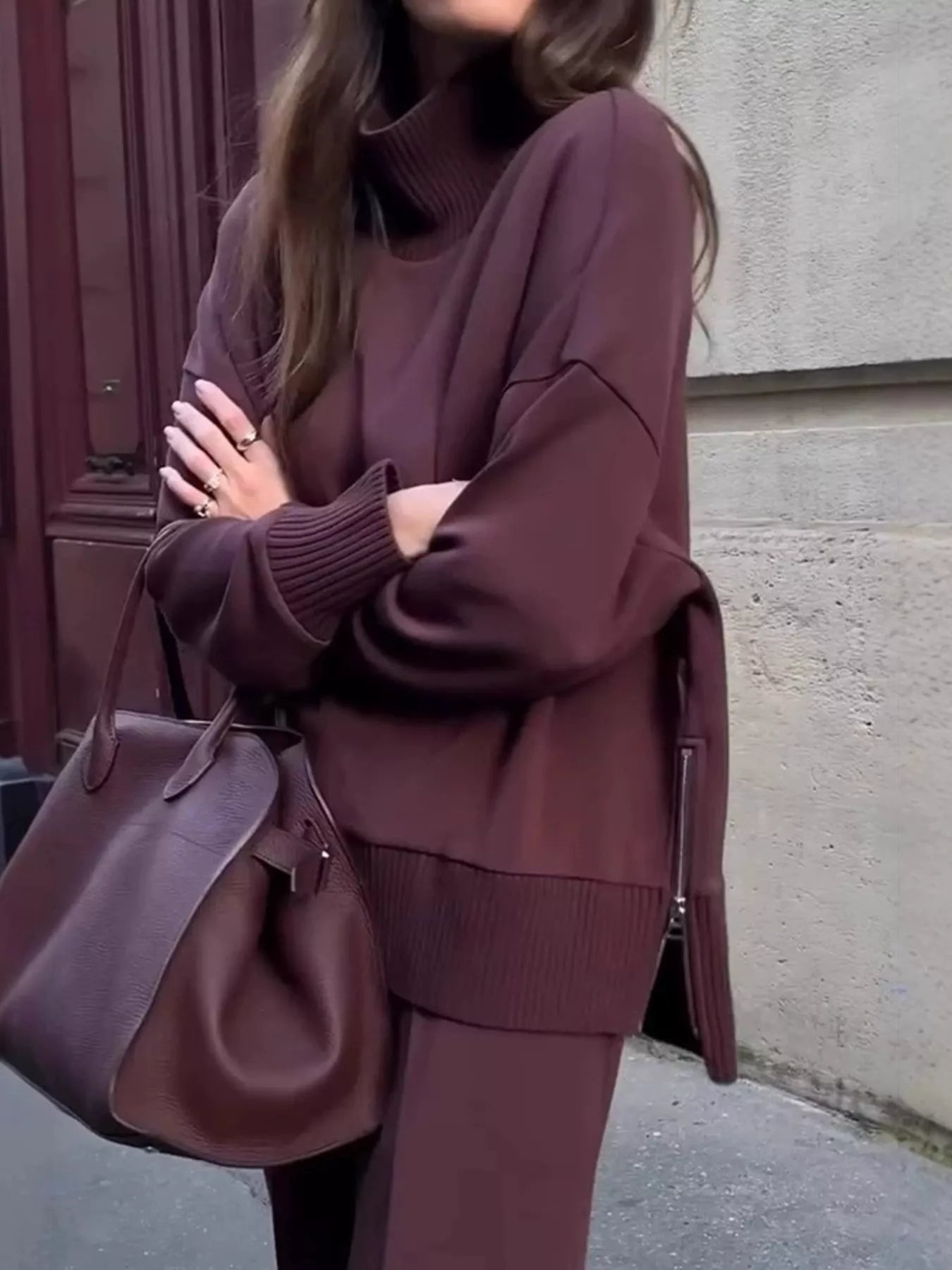 Turtleneck Dropped Shoulder Top and Pants Set Secondary image