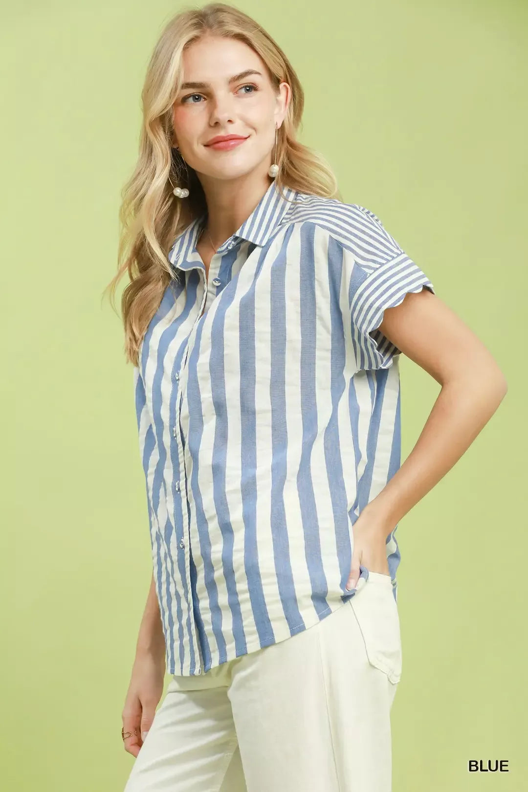 Umgee Striped Button Front Flutter Sleeve Top Secondary image