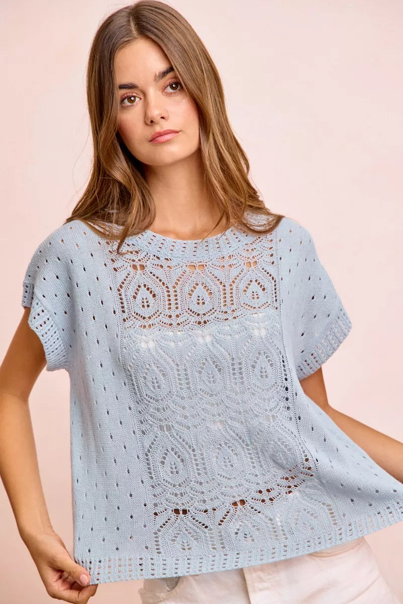 BiBi Washed Eyelet Short Sleeve Breathable Knit Top Secondary image
