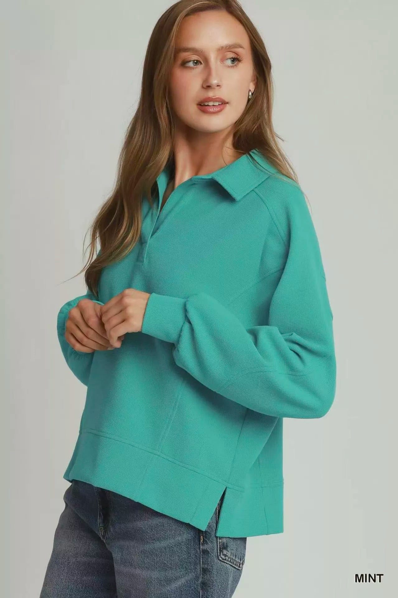 Umgee Brushed Waffle Polo Collared Pullover Secondary image