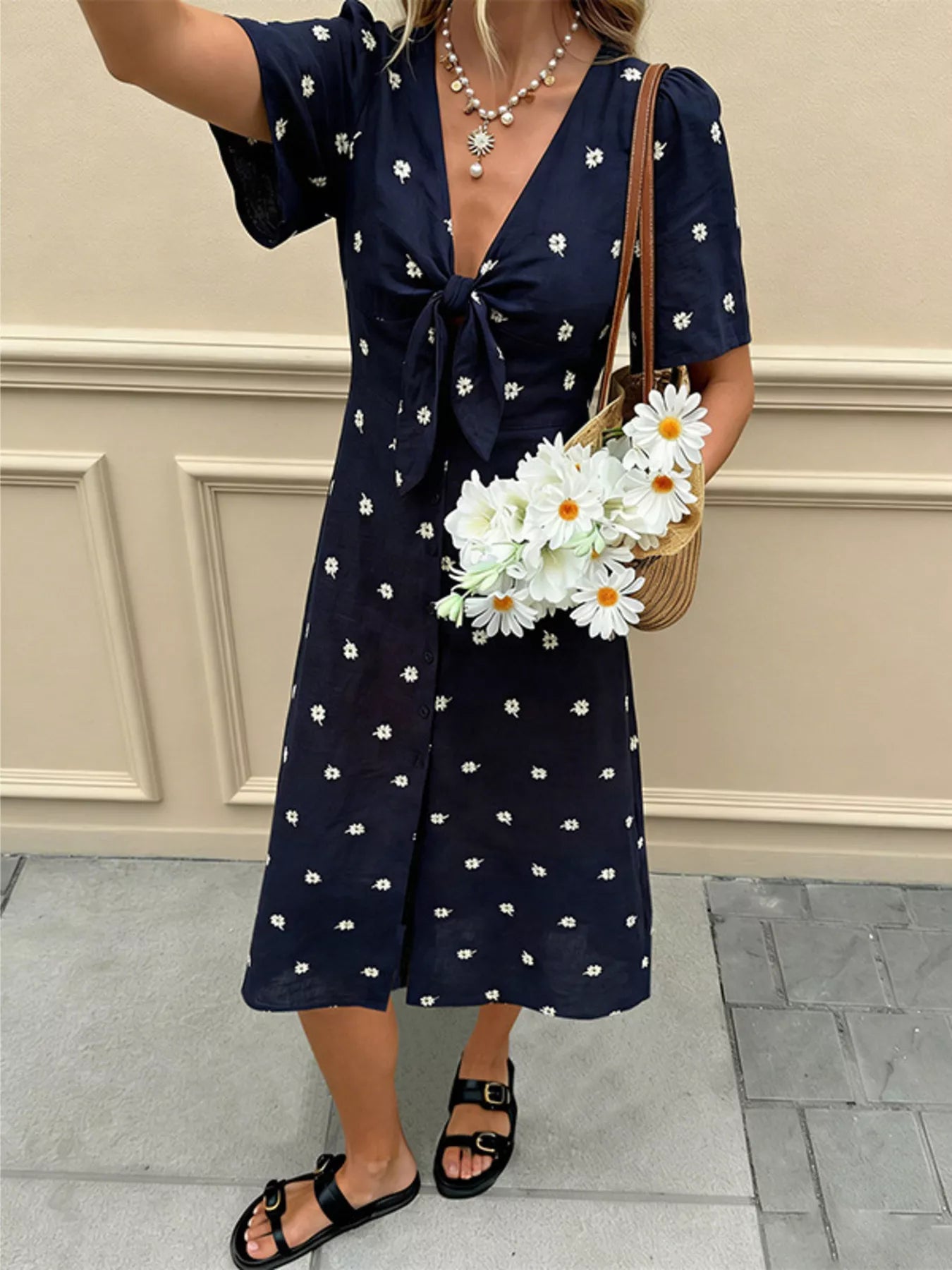 Daisy Print Tie-Front Midi Dress Secondary image