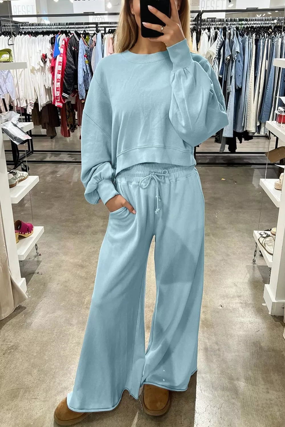 Drop Shoulder Puff Sleeve Crop Pullover Drawstring Wide Leg Pants Set Secondary image