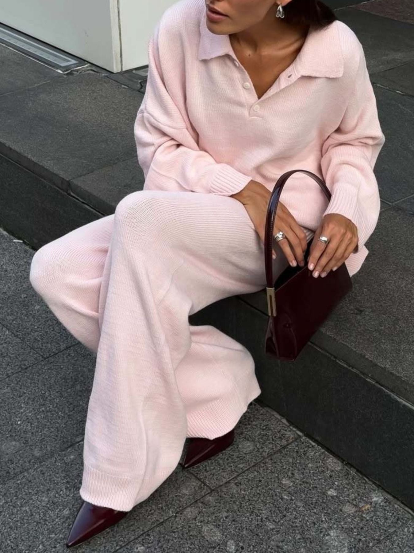 Polo Collar Top and Wide Leg Pants Knit Set Secondary image