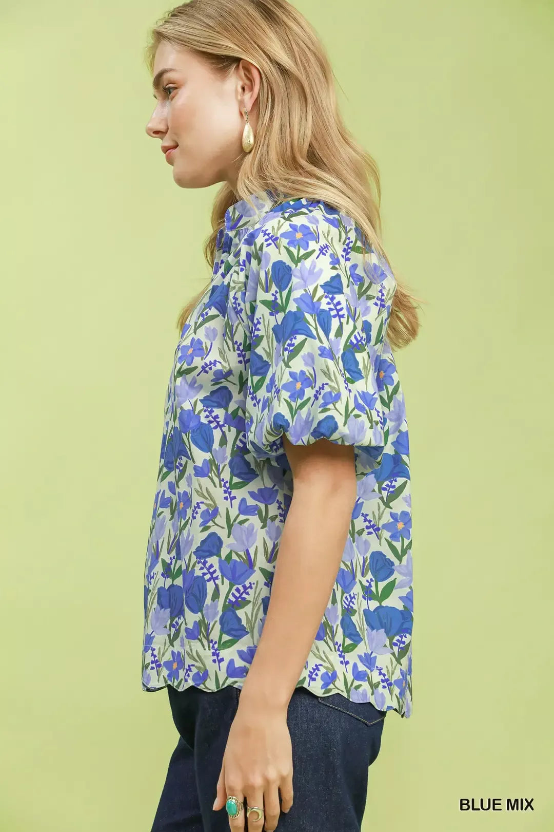 Umgee Floral Puff Sleeve Blouse with Scalloped Details Secondary image