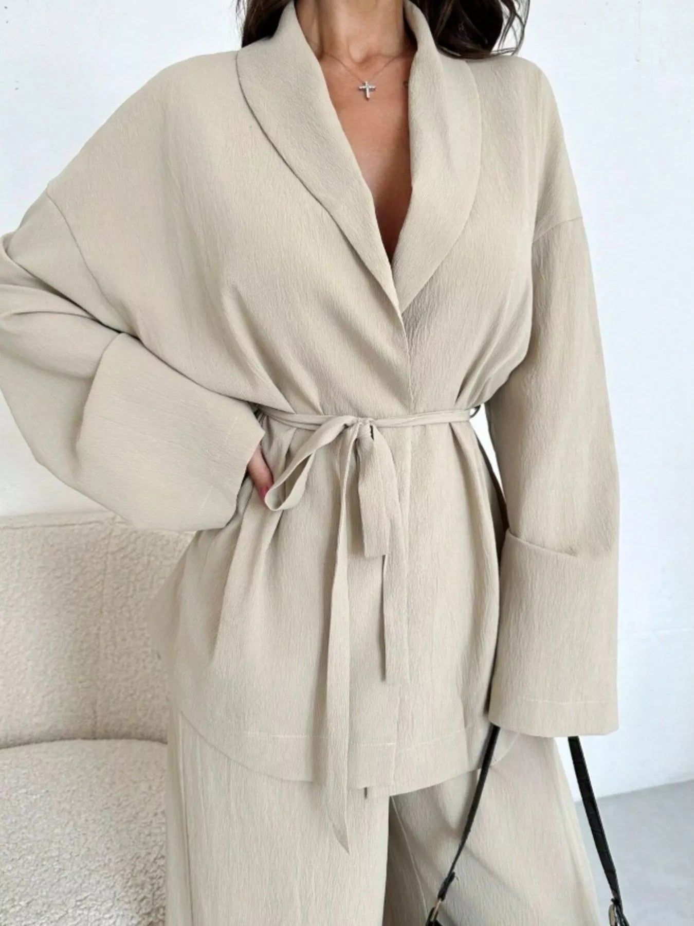Textured Tie Waist Top and Wide-Leg Pants Set Secondary image