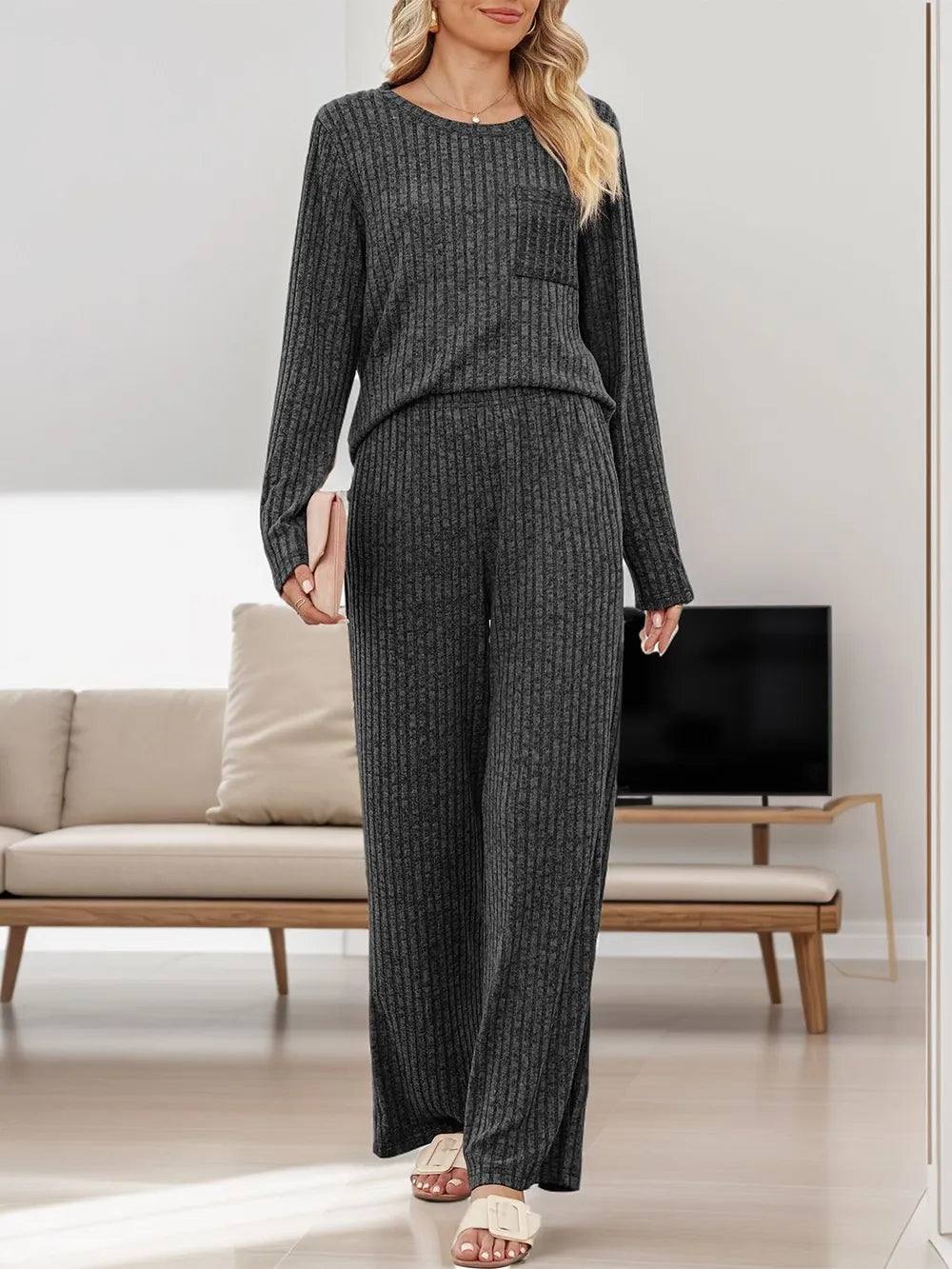 Round Neck Long Sleeve Top and Pants Set Secondary image