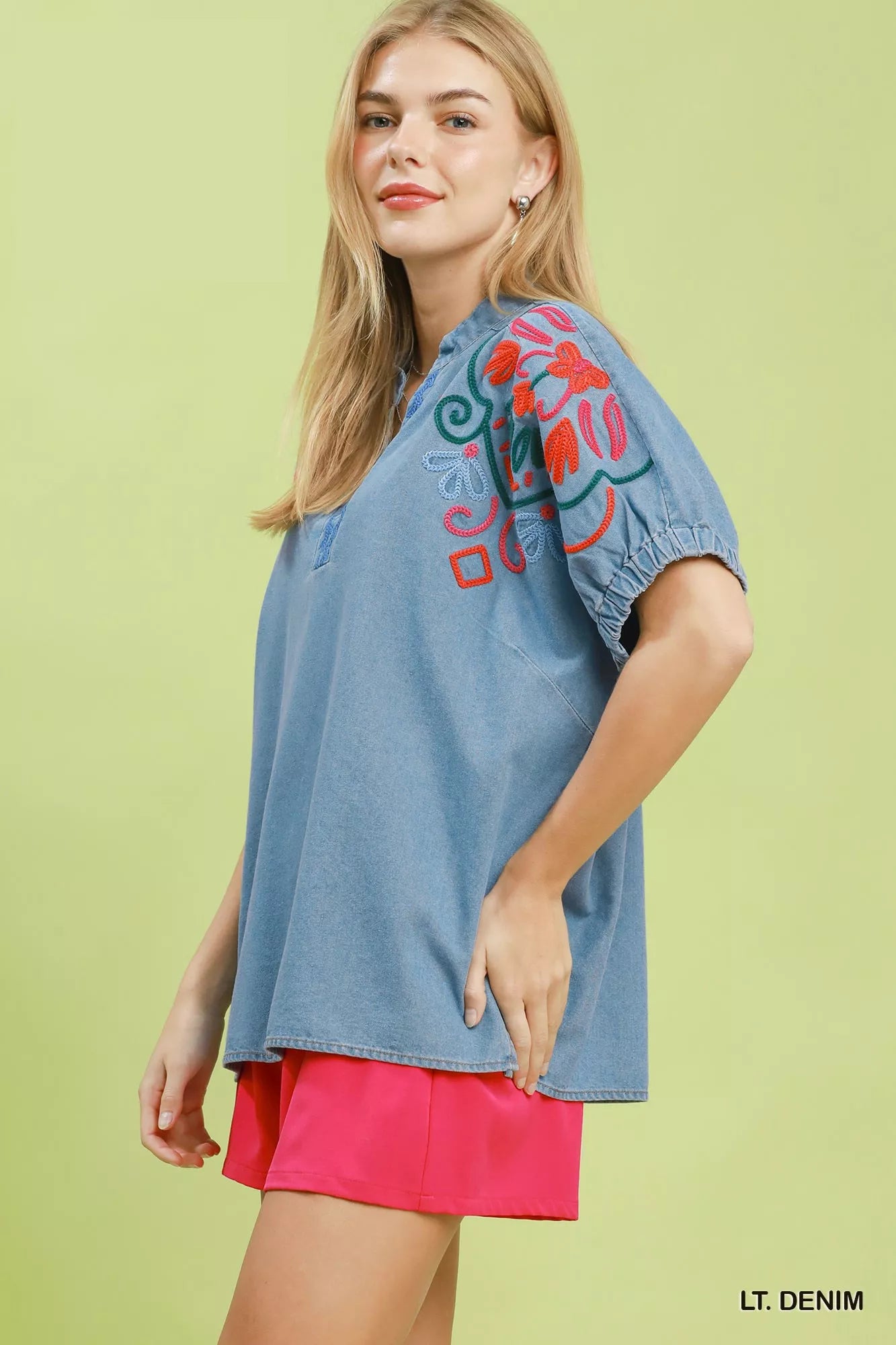 Umgee Embroidered Denim Puff Sleeve Top Secondary image
