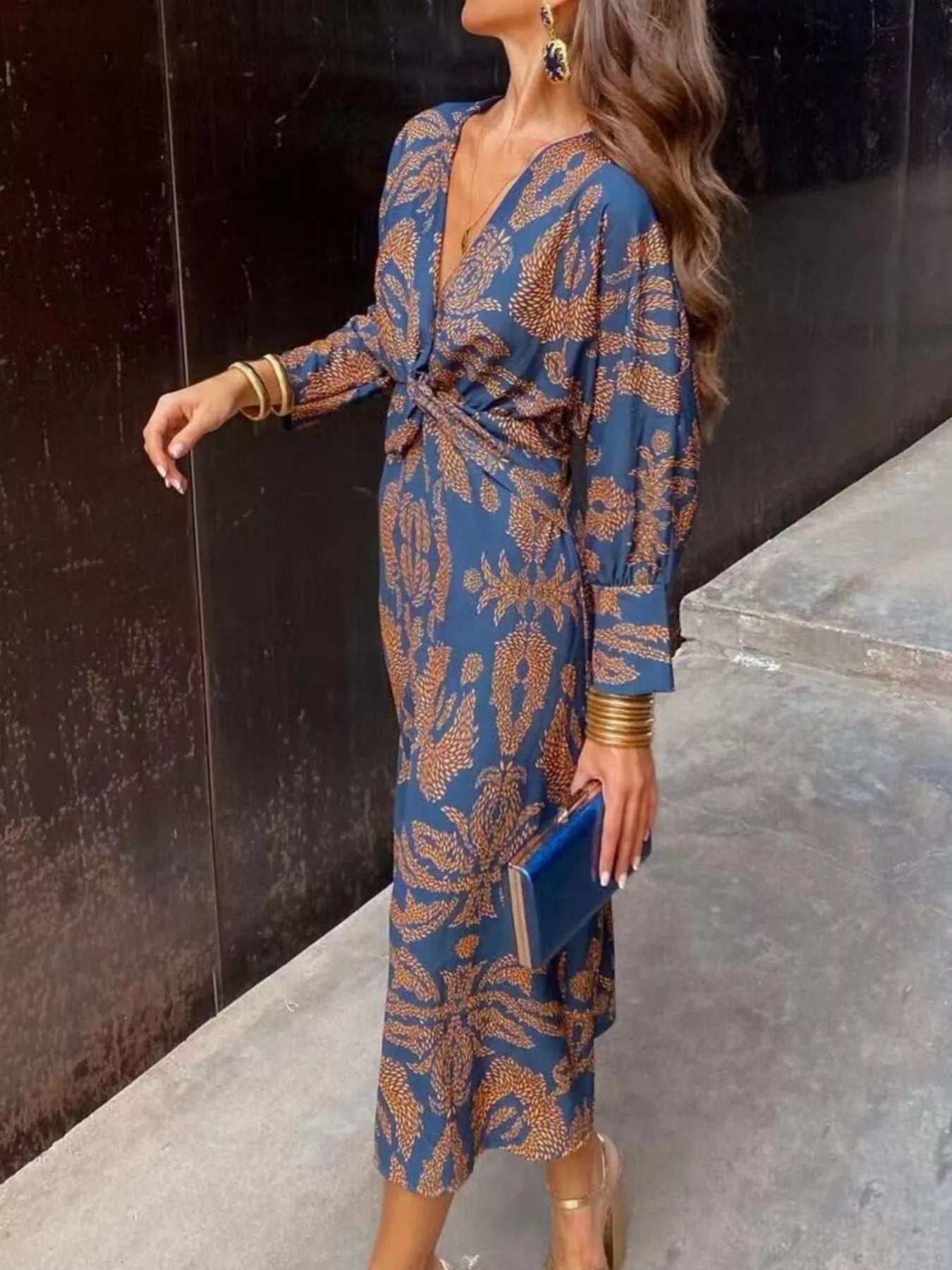 Full Size Printed V-Neck Long Sleeve Twisted Midi Dress Plus Size Secondary image