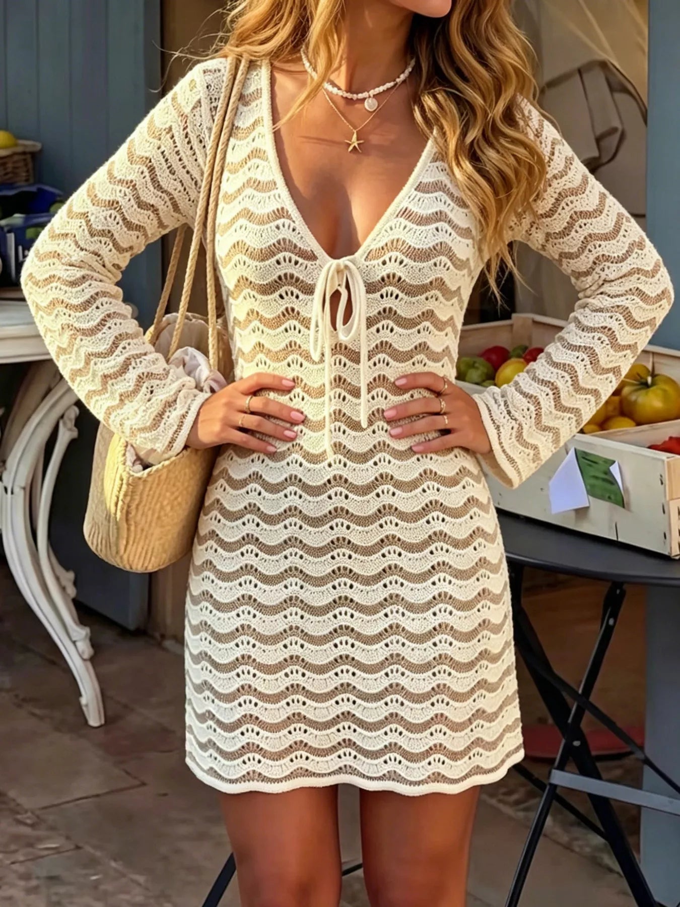 V-Neck Crochet Knit Long Sleeve Mini Dress Secondary image