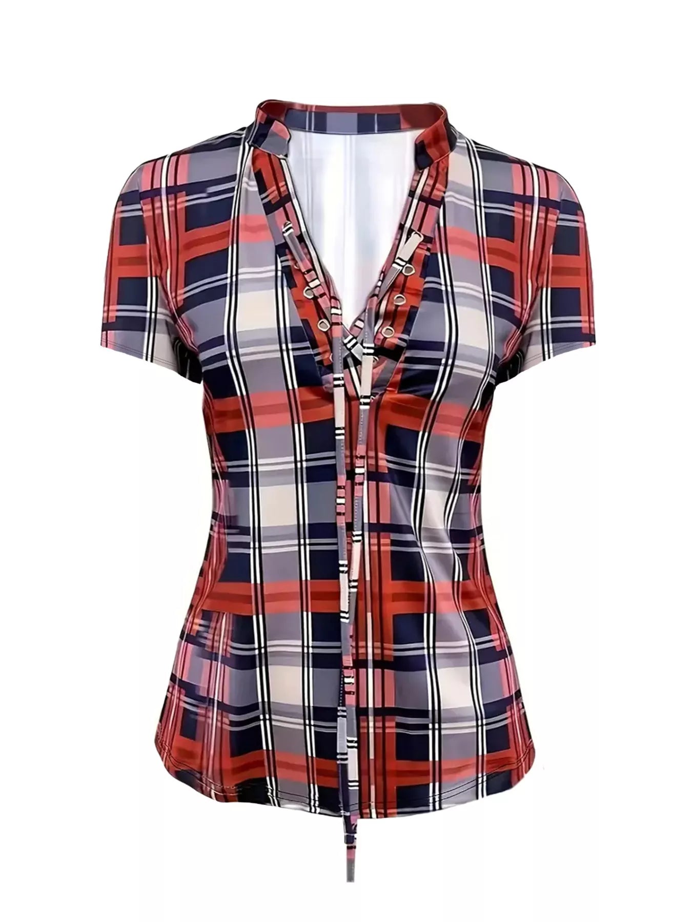Plaid Lace-Up Short Sleeve Blouse Secondary image