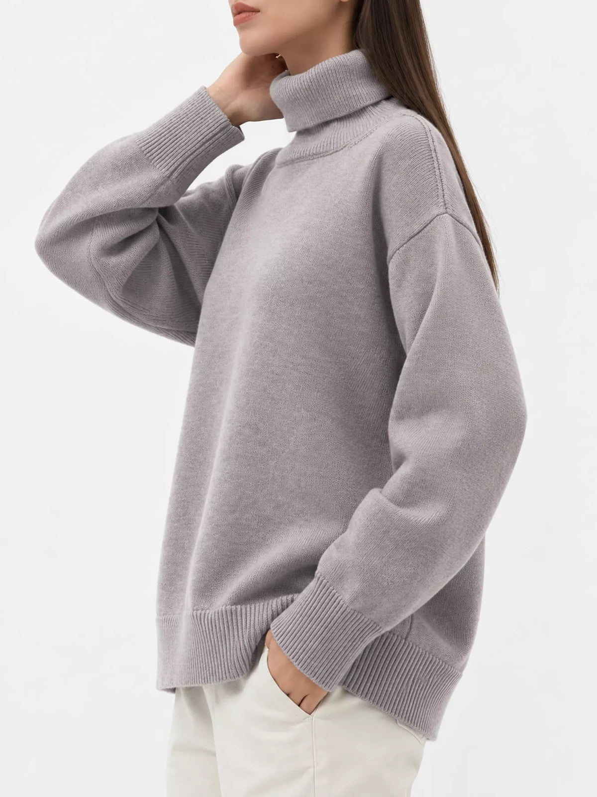Women's Oversized Ribbed Turtleneck Sweater – Dropped Shoulder Relaxed Fit - photo 30