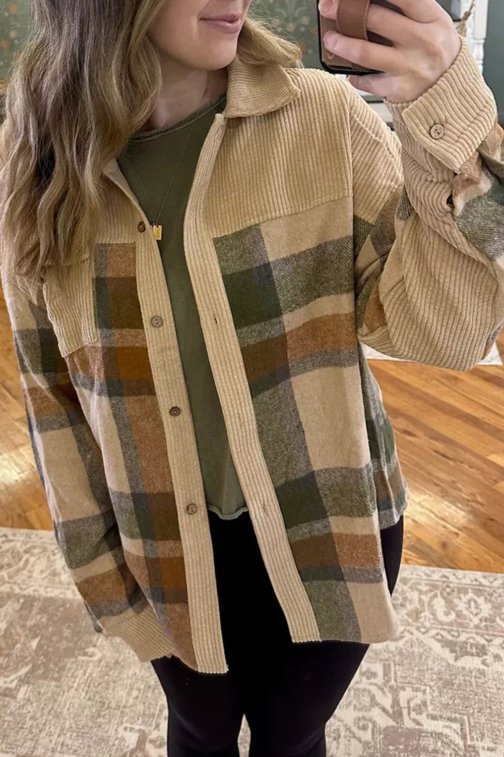 Retro Plaid Corduroy Patchwork Shacket Secondary image
