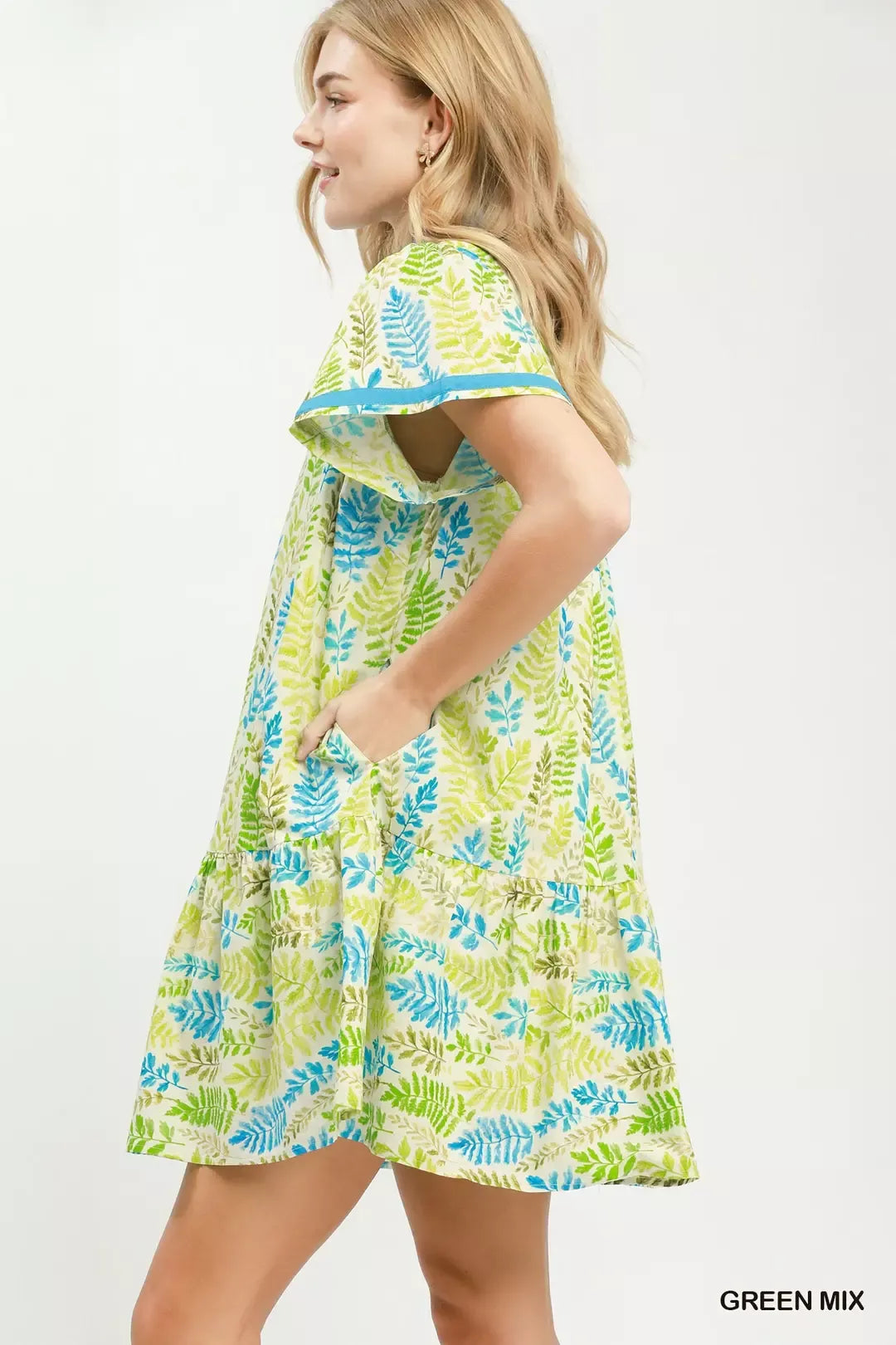 Umgee Leaf Print Flutter Sleeve Tiered Mini Dress Secondary image