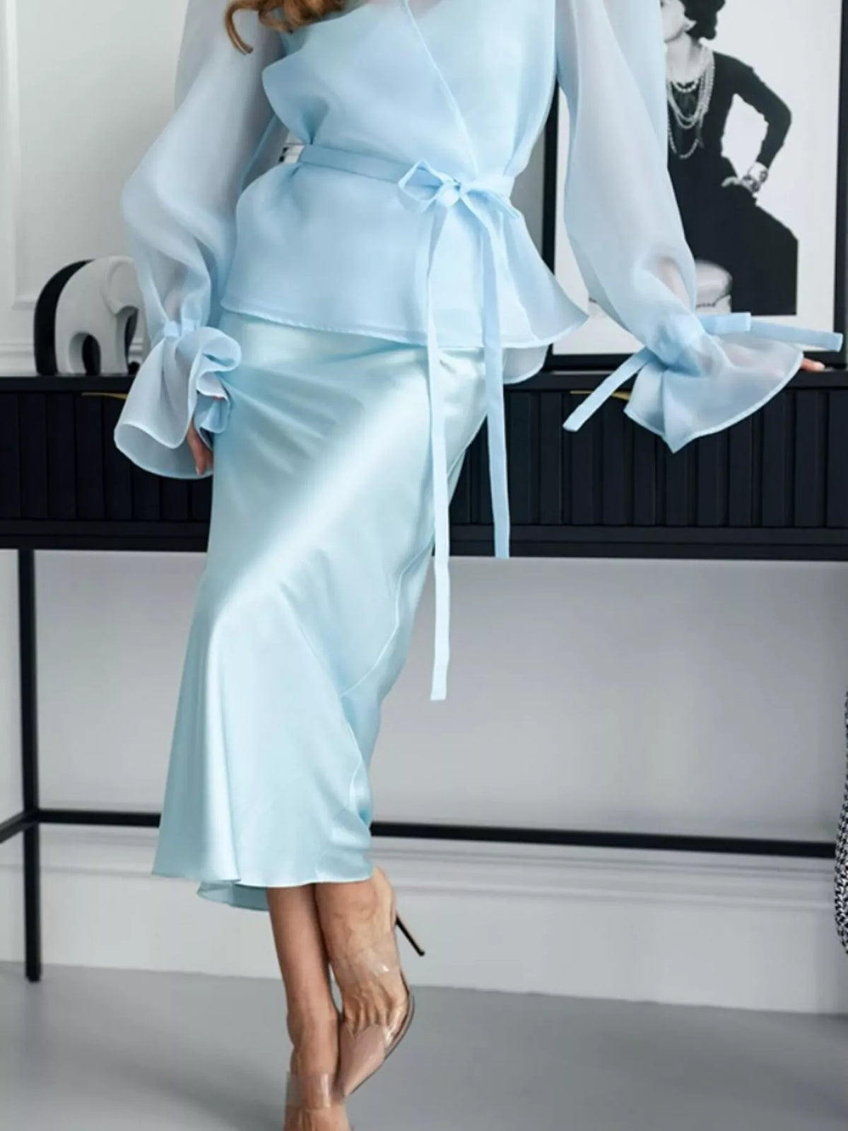 Flounce Sleeve Blouse and Satin Midi Skirt Two-Piece Set - photo 8