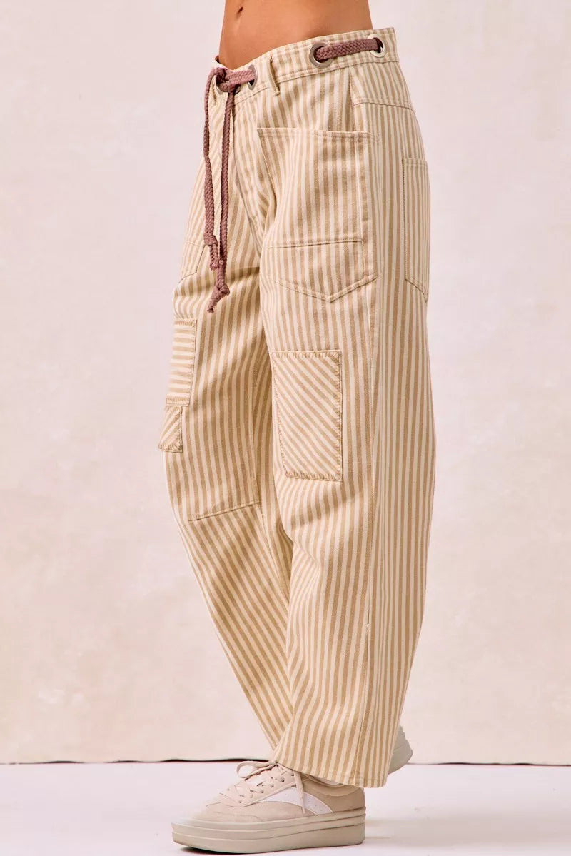 BiBi Drawstring Striped Twill Barrel Pants Secondary image