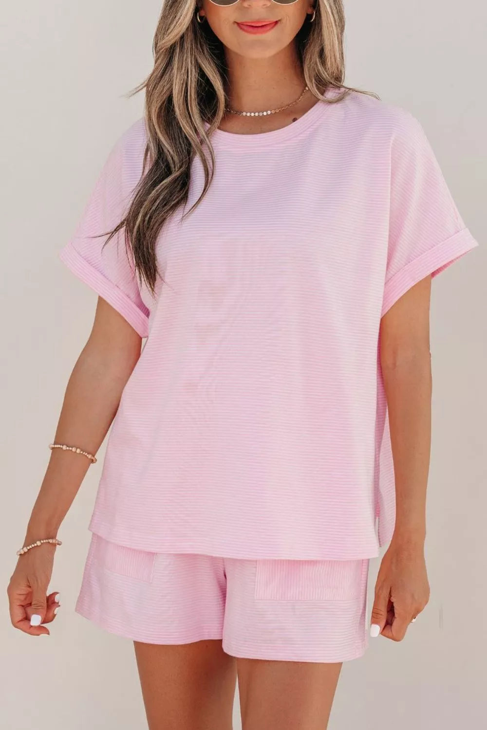 Stripe Matching Oversized Tee and Drawstring Shorts Set Secondary image