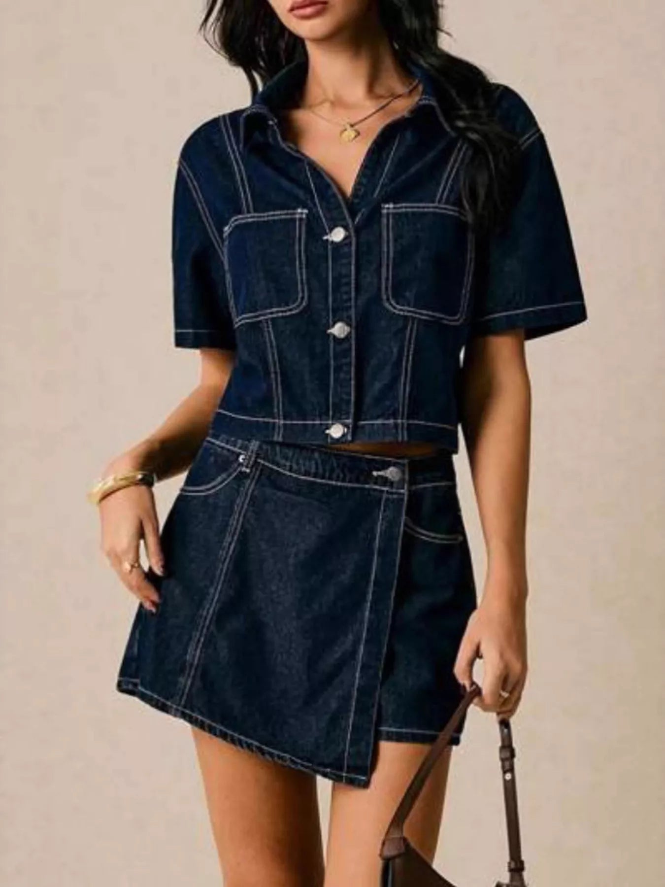 Button Up Short Sleeve Top and Skort Denim Set Secondary image