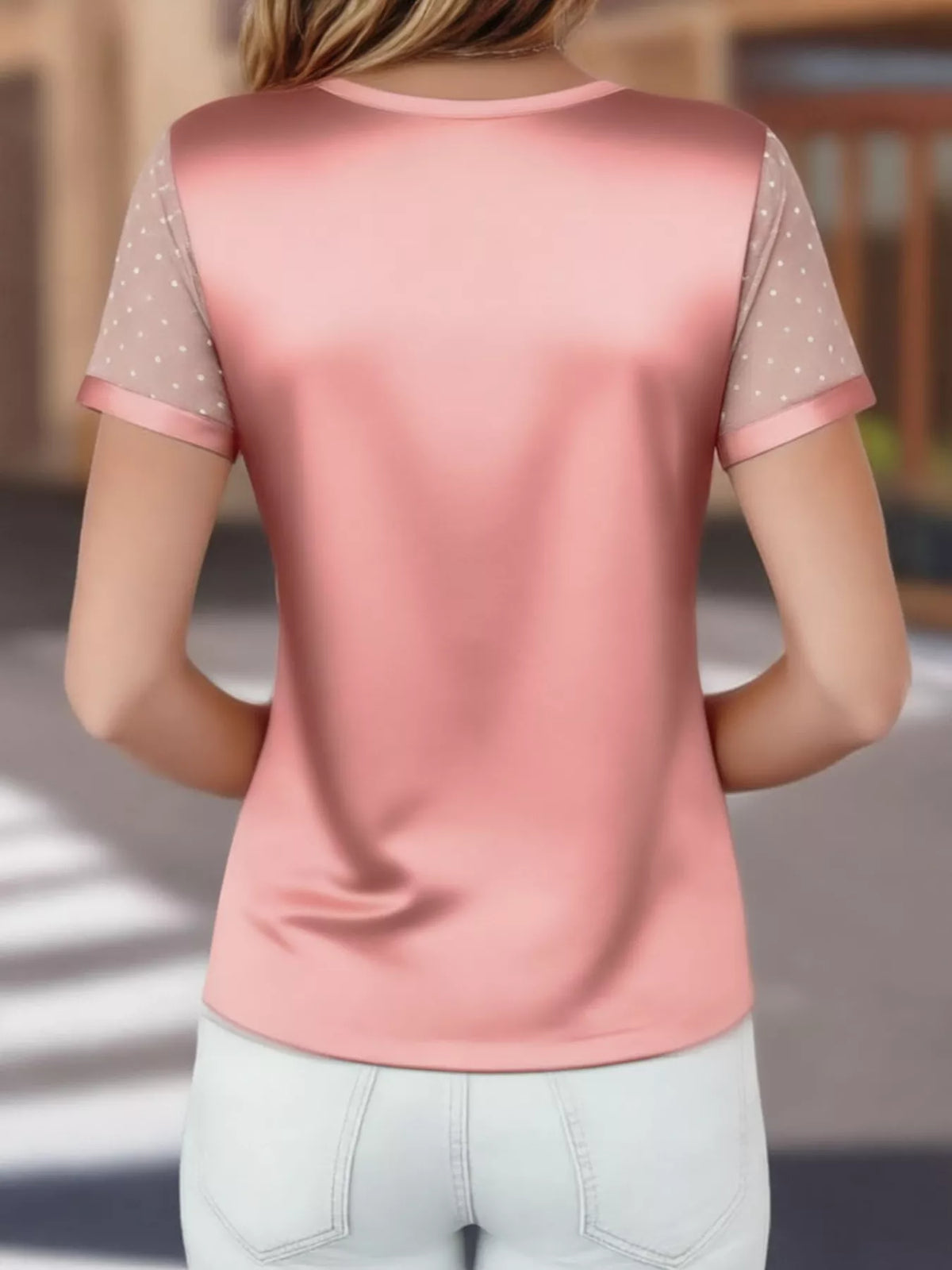 Satin V-Neck Sheer Short Sleeve Top - photo 9