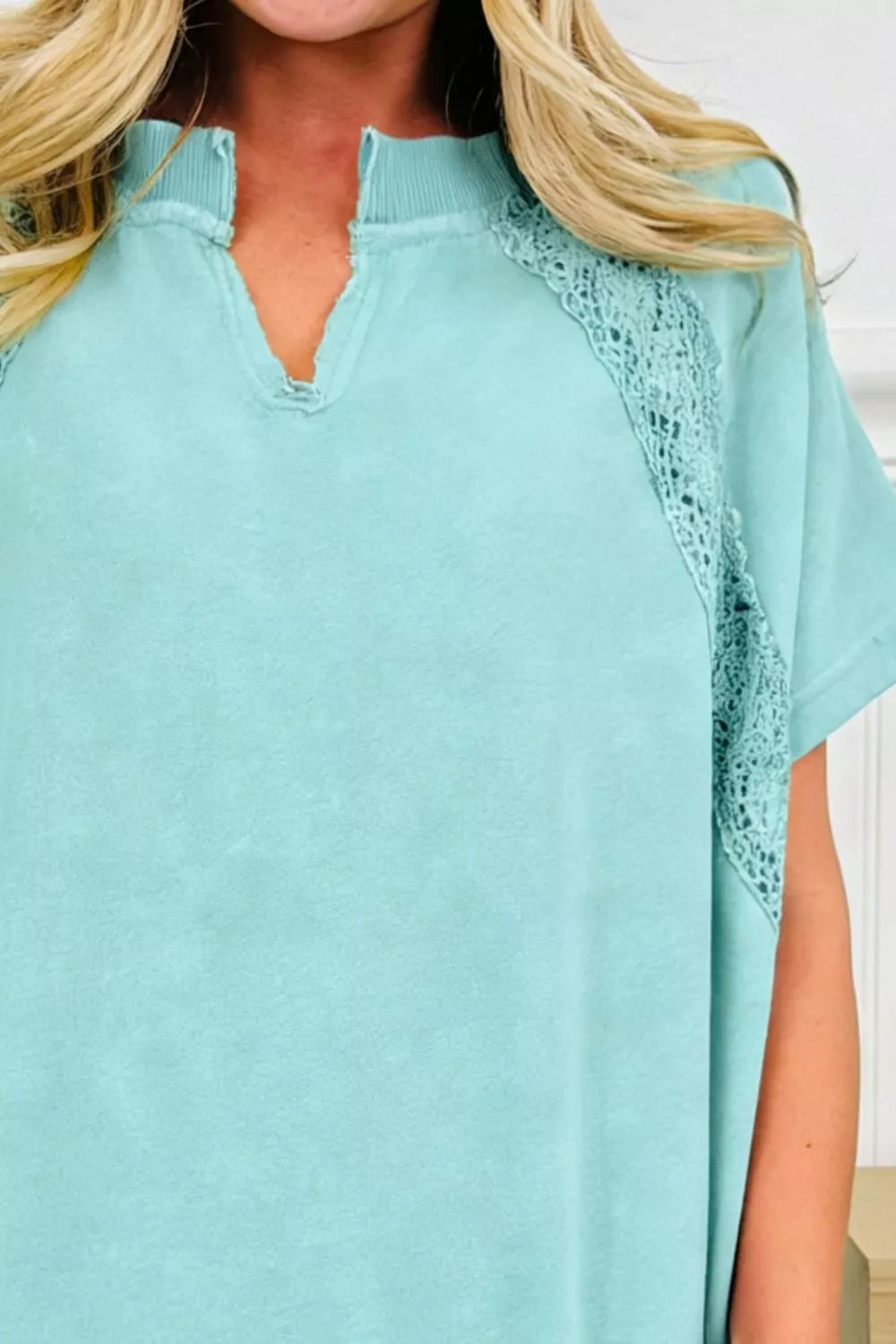 Notched Neck Lace Patchwork Detail Mineral Wash Tee Secondary image