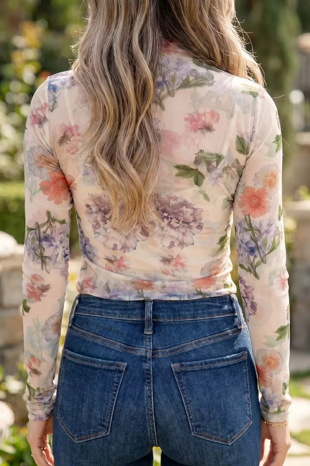 Floral Mesh Long Sleeve Thumbhole Hem Top Secondary image