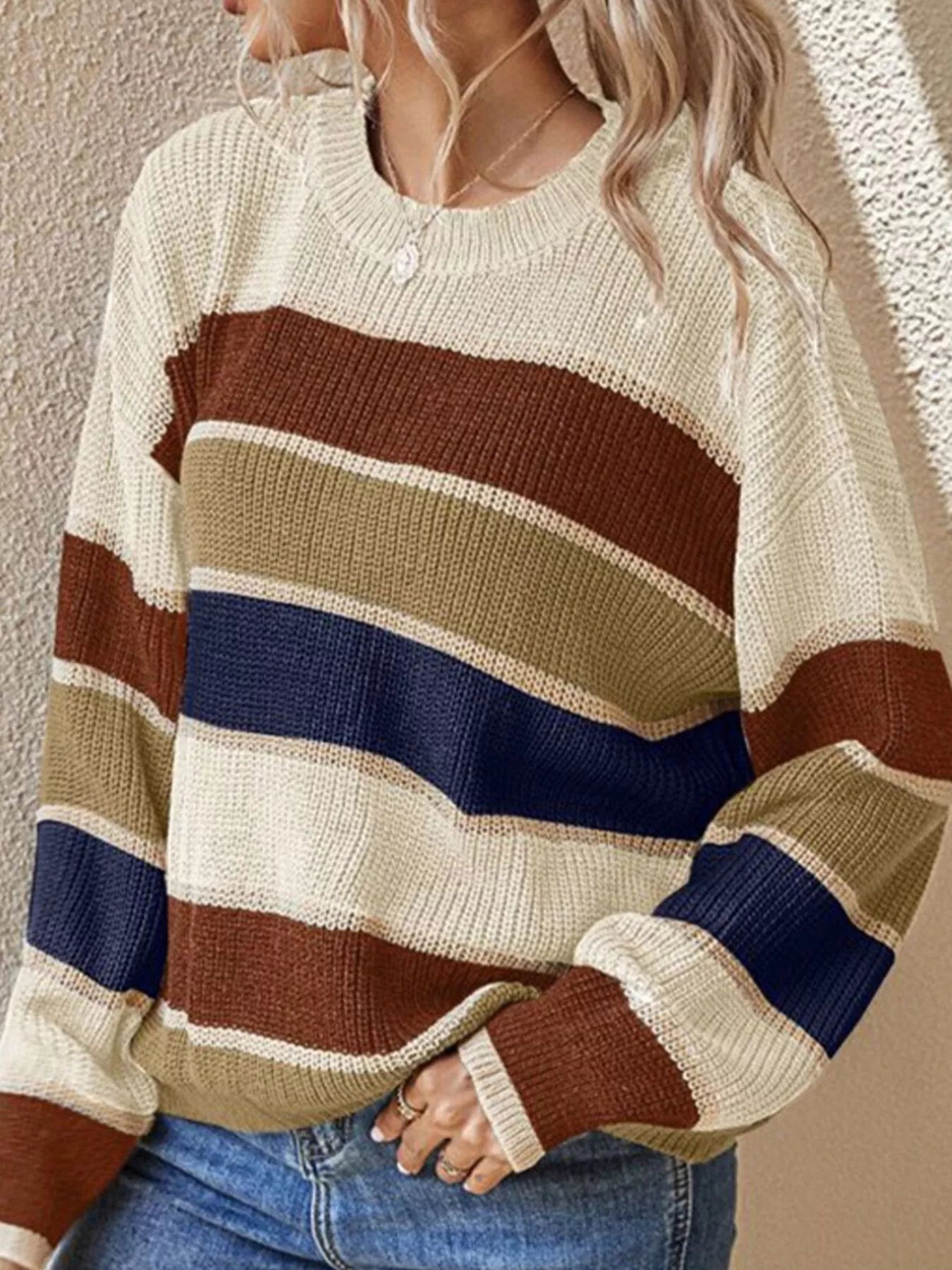 Color Block Striped Crew Neck Sweater Secondary image