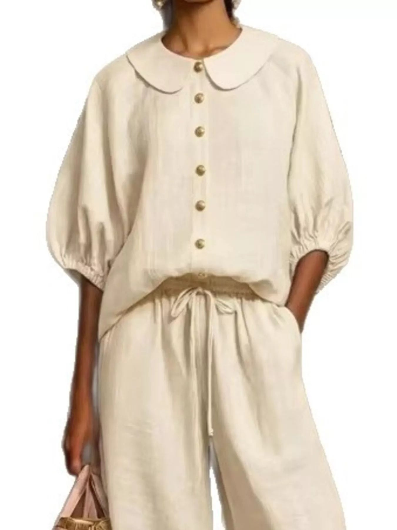 Full Size Button Down Half Sleeve Top and Pants Set Plus Size Secondary image